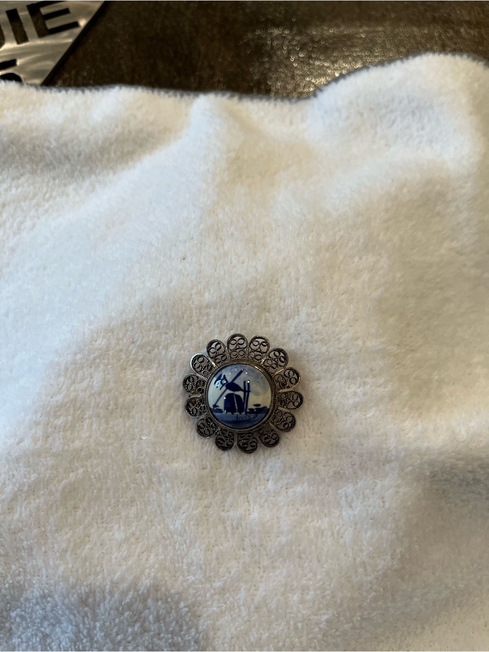 Blue and White Delft Style Windmill Cabochon Filigree Brooch